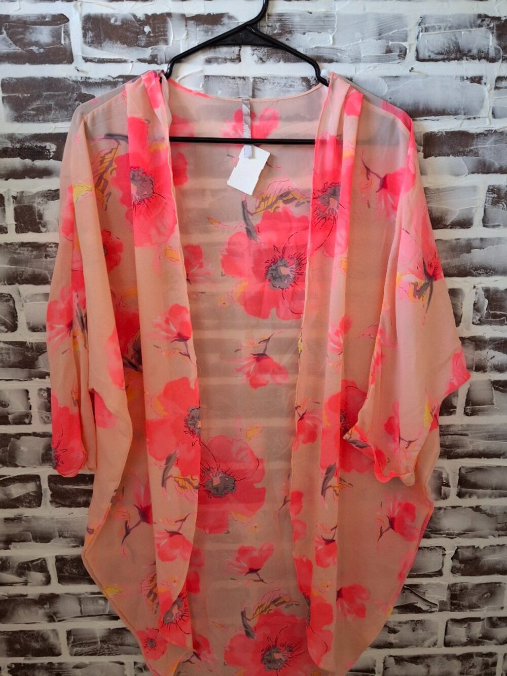 Red Lolly Medium Sheer Kimono Top Neon Pink Floral 3/4 Sleeves Boho